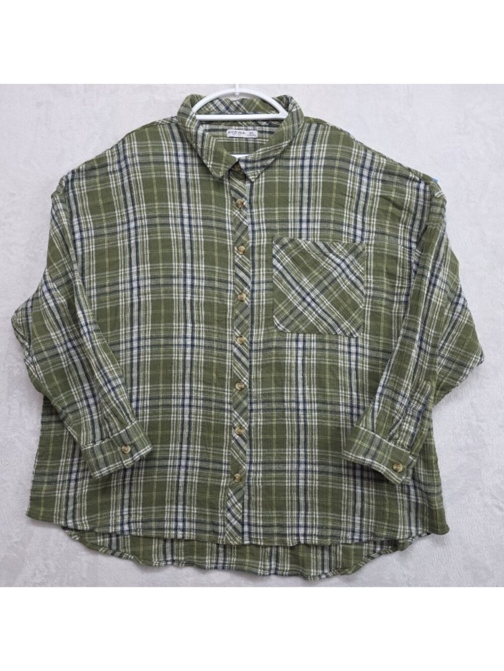Arizona Women’s Ribbed Plaid Flannel Shirt Oversized Long Sleeve XXL Green Blue